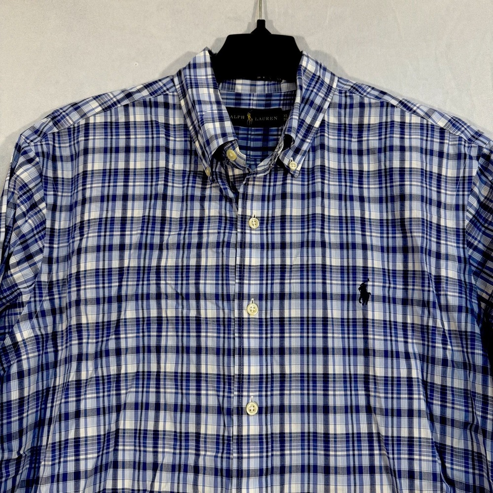 Ralph Lauren Men's Plaid Blue Pony Long Sleeve Button Up Blue Check‎ Stripes XL